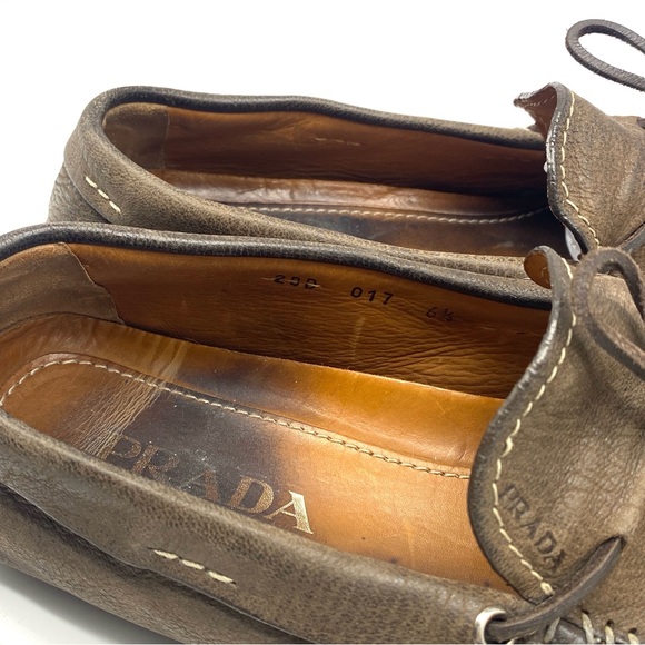 PRADA MENS BROWN GREY SUEDE LEATHER BOW DRIVING LOAFER CASUAL WALKING SHOES 6.5 - Picture 4 of 7